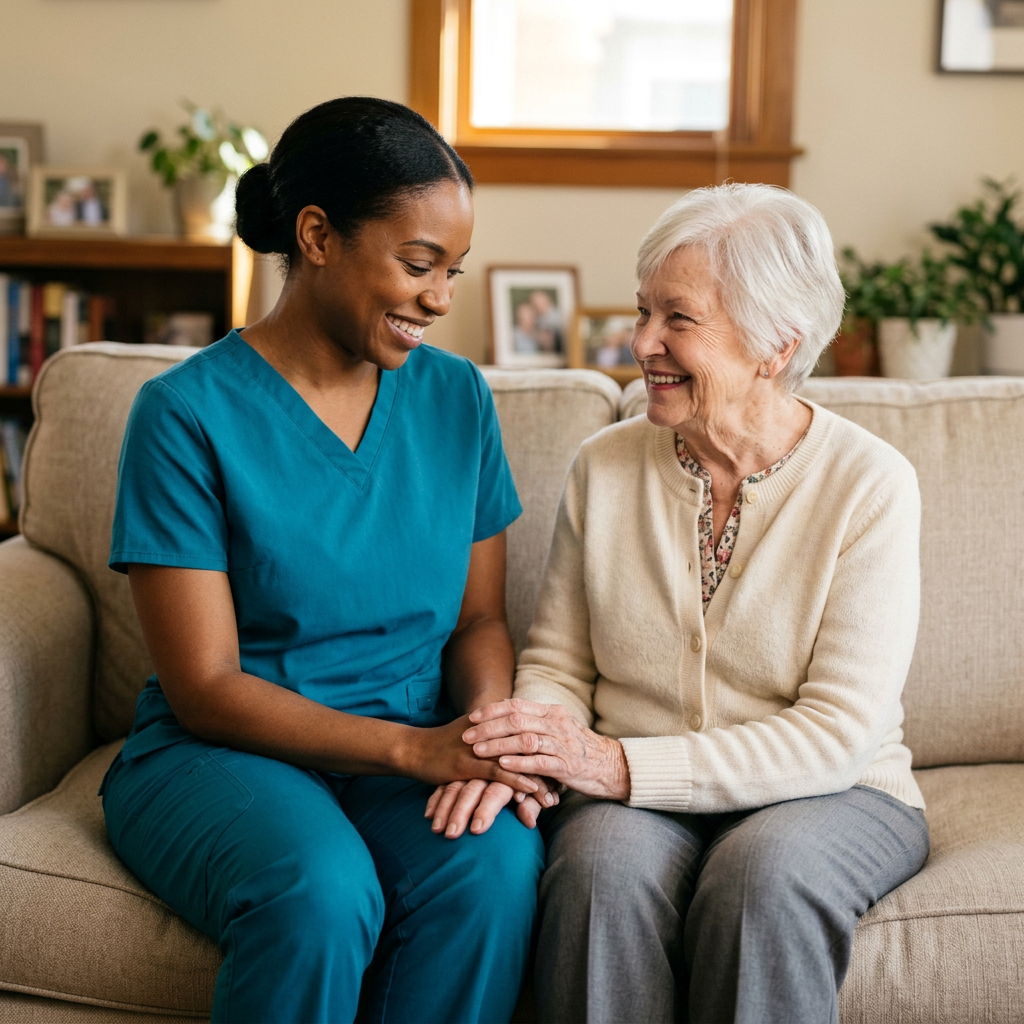 Caregiver holding hands with senior client